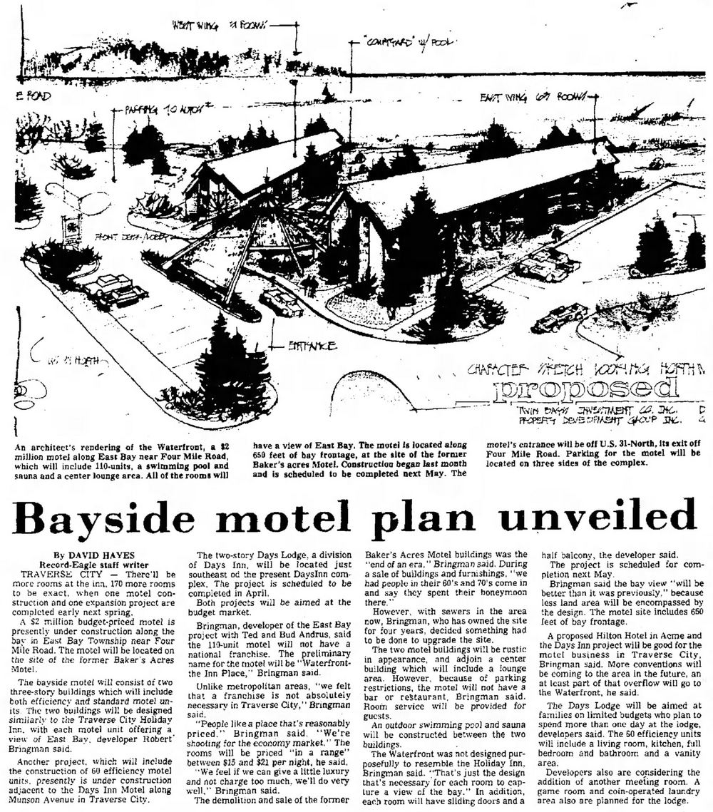 Bakers Acres Motel and Cottages (Waterfront Inn, Tamarack Lodge, Bakers Acres) - Nov 4 1977 Article On New Development